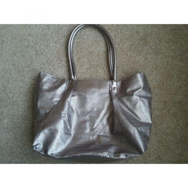 Nordstrom Beige Silver Metallic Tote Bag Beach Bag Handbag #2 image