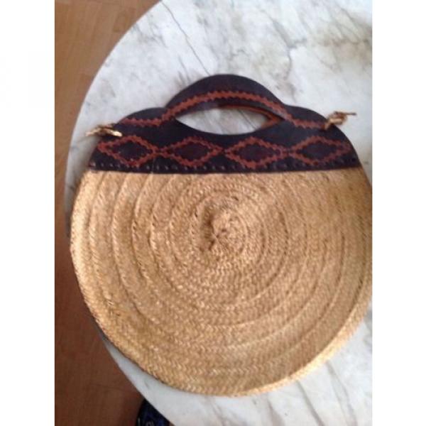 Vintage Hippie Boho Woven Straw Jute Market Tote Beach Bag Thick Leather Straps #1 image