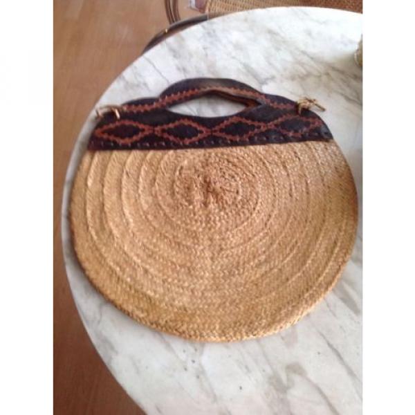 Vintage Hippie Boho Woven Straw Jute Market Tote Beach Bag Thick Leather Straps #2 image