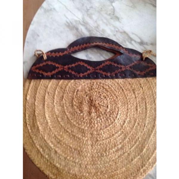 Vintage Hippie Boho Woven Straw Jute Market Tote Beach Bag Thick Leather Straps #5 image