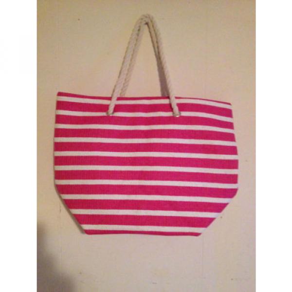 Straw Beach Tote Bag Large  -  Nautical Rope Handles Pink White Stripe Summer #2 image