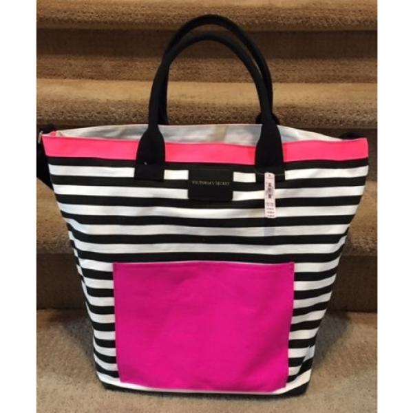NEW Victorias Secret 2016 Getaway Tote Canvas Hot Pink Black Striped Beach Bag #1 image