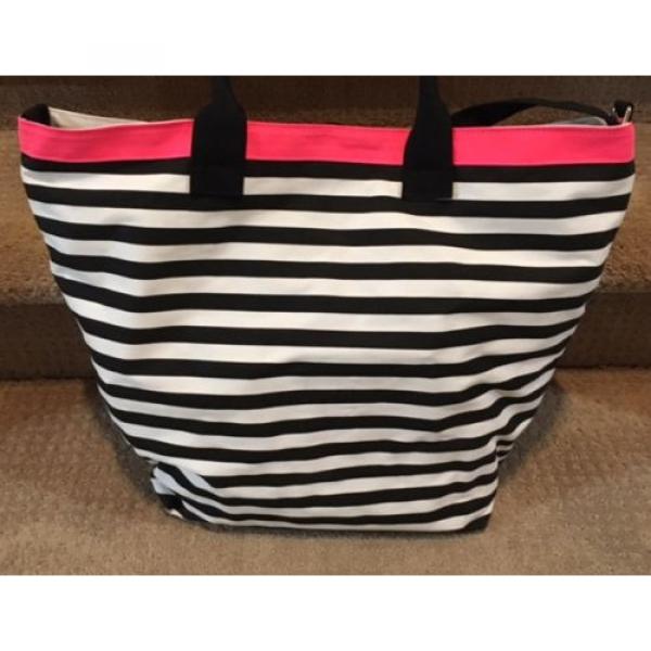 NEW Victorias Secret 2016 Getaway Tote Canvas Hot Pink Black Striped Beach Bag #3 image