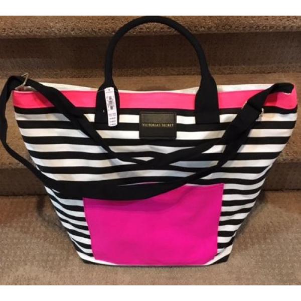 NEW Victorias Secret 2016 Getaway Tote Canvas Hot Pink Black Striped Beach Bag #4 image