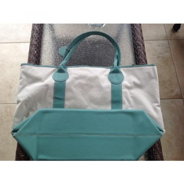 Leather and Coated Canvas Beach Bag / Tote - Turquoise and Cream - 22 in wide #1 image