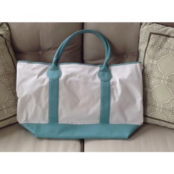Leather and Coated Canvas Beach Bag / Tote - Turquoise and Cream - 22 in wide #2 image