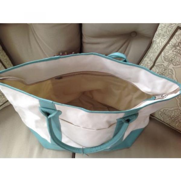 Leather and Coated Canvas Beach Bag / Tote - Turquoise and Cream - 22 in wide #3 image