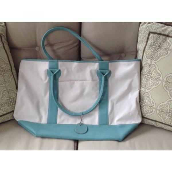 Leather and Coated Canvas Beach Bag / Tote - Turquoise and Cream - 22 in wide #4 image