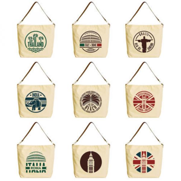 Travel Stickers Set Beige Printed Canvas Tote Bag with Leather Strap WAS_29 #1 image