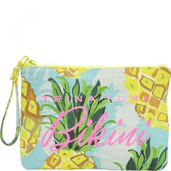 Trina Turk Pink Yellow Pineapple Bikini Bag Summer Beach PVC Lined Wristlet New #1 image