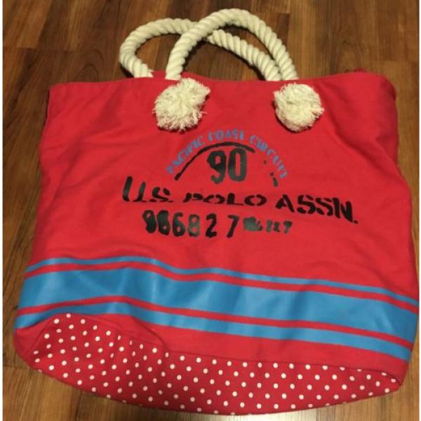 US Polo Assn Red Nautical Striped Polka Dot Canvas &amp; Rope Beach Tote Bag #1 image