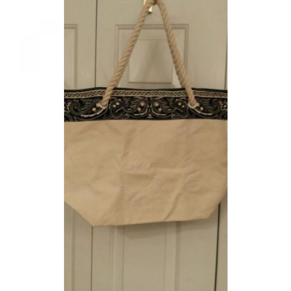 Leed&#039;s Beach Bag Purse Navy Blue &amp; Beige Canvas Tote NEW #1 image