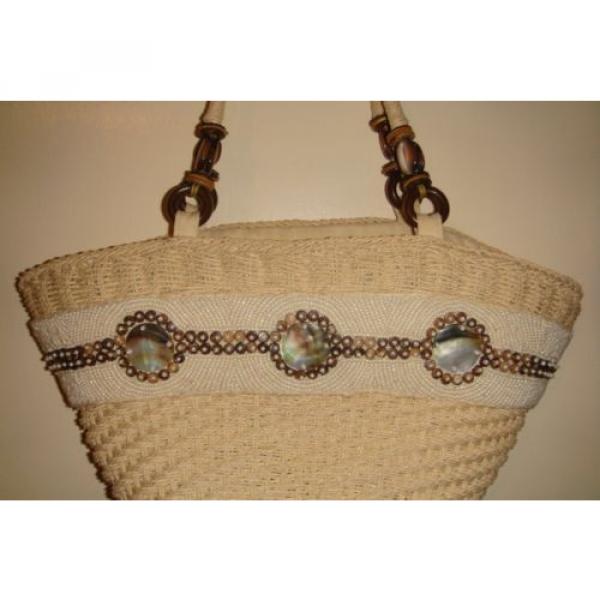 Straw Purse with Shells &amp; Pearls Blue Miami Beach Bag #2 image
