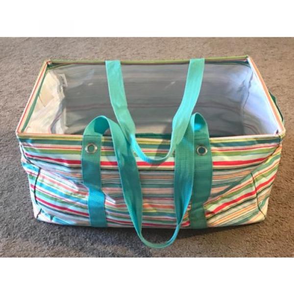 Thirty- One 31 Large Utility Beach Laundry Grocery Tote Bag Striped Teal Pink #1 image