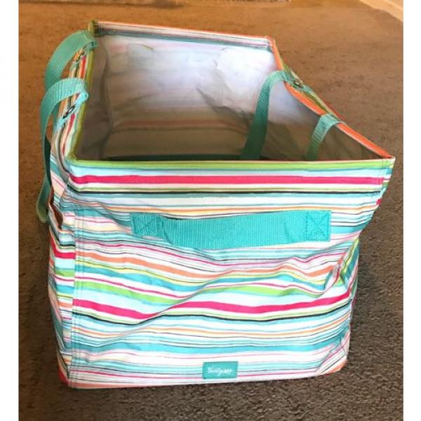 Thirty- One 31 Large Utility Beach Laundry Grocery Tote Bag Striped Teal Pink #3 image