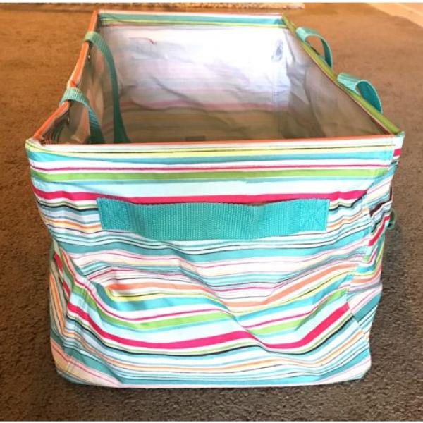 Thirty- One 31 Large Utility Beach Laundry Grocery Tote Bag Striped Teal Pink #4 image