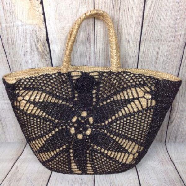Women&#039;s Coldwater Creek Straw Purse Crochet Tote Beach Bag Black Floral #1 image