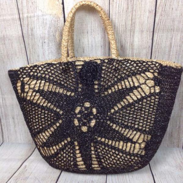 Women&#039;s Coldwater Creek Straw Purse Crochet Tote Beach Bag Black Floral #4 image